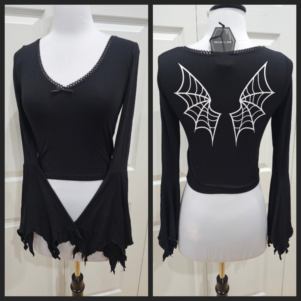 Dolls Kill The Grave Girls Punk Goth Bat Wings Black V Neck Fang Club Crop Top S